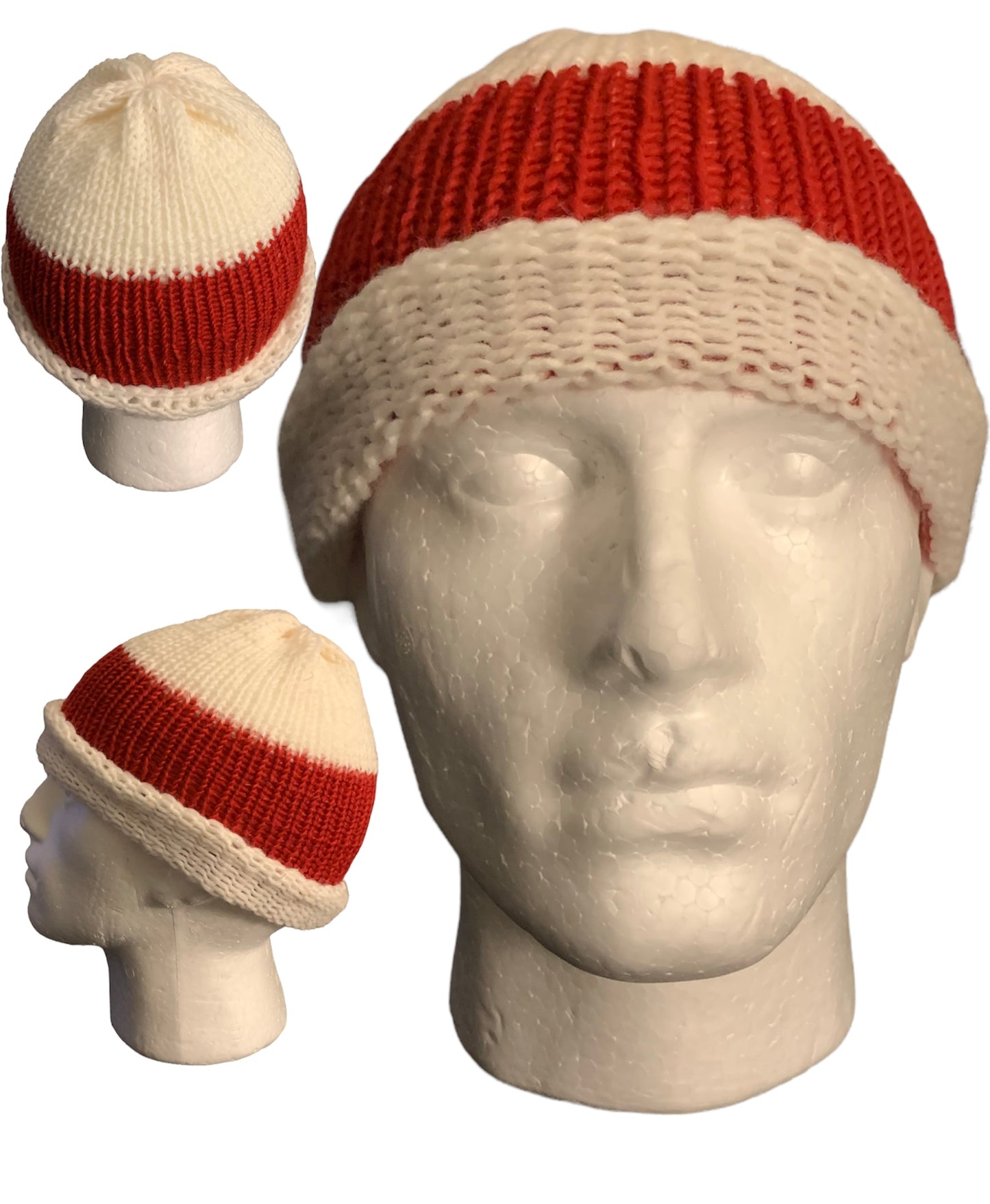 Red & White Skull Cap, Beanie, Dockers Hat, Fishermen Cap, Skully (KNITTED)