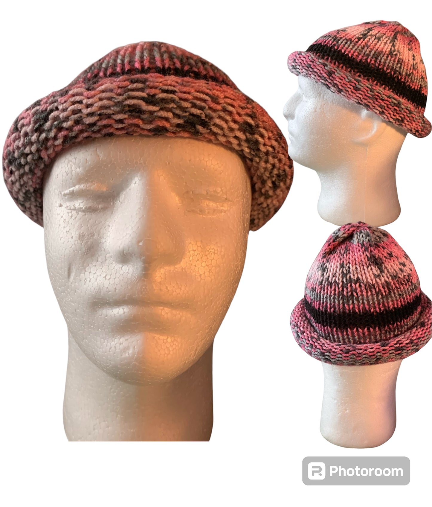 Pink, White, Black & Grey Fishermen Cap/Skully/Beanie (KNITTED)