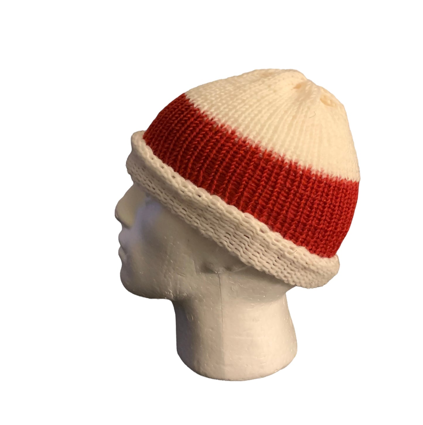 Red & White Skull Cap, Beanie, Dockers Hat, Fishermen Cap, Skully (KNITTED)