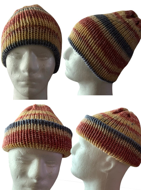 Starburst tangerine,denim blue, pale yellow,dull red, Skull Cap, Beanie, Dockers Hat, Fishermen Cap, Skully (KNITTED)